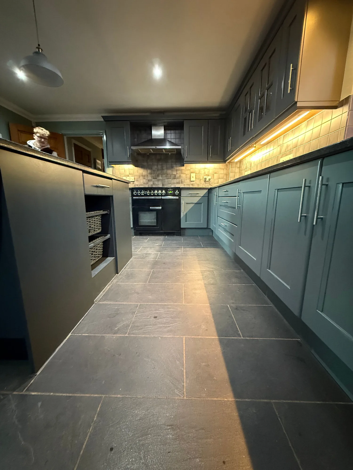 Dark green galley kitchen with under cabinet lighting