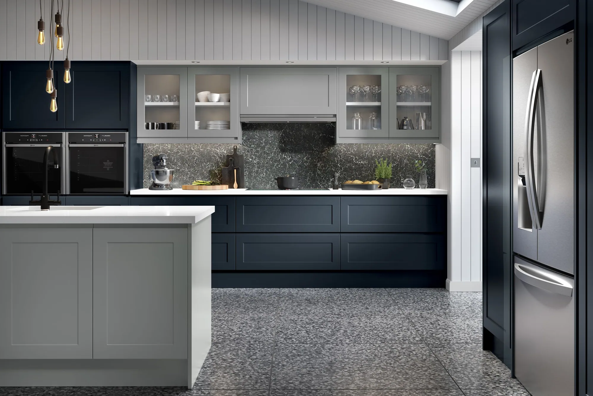 Bella Elland doors in Supermatt Indigo Blue with Matt Dust Grey, from the made to measure range