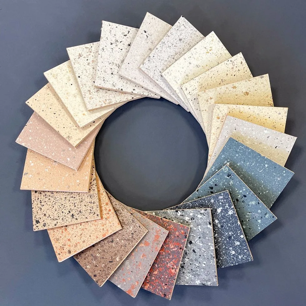 Worktop colour samples fanned out, showing the range of finishes available